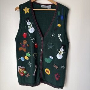 Vintage Capacity Women's Christmas Vest Green Size XL Embroidered Festive Casual